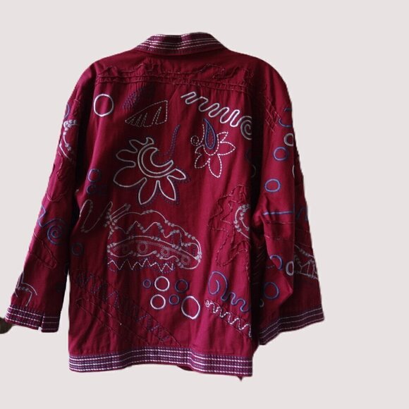 Norm Thompson women's size 2X, light weight jacket burgundy / blue embroidery - Picture 2 of 12